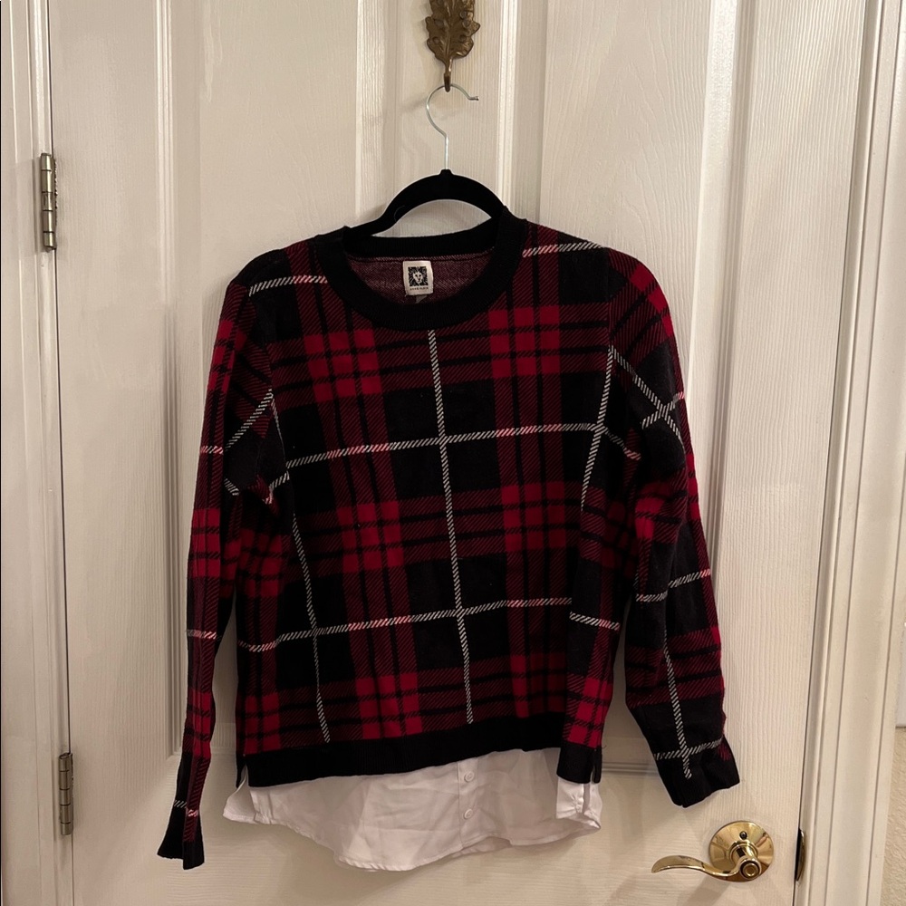 Anne Klein Red and Black Plaid Crewneck Sweater